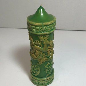 vintage carved wax pillar candle green